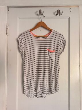 Papermoon White & Black Striped Tee with Coral Trim